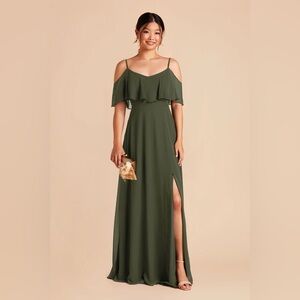 Birdy Grey Olive Green Off-Shoulder Ruffle Bridesmaid Dress with Side Slit